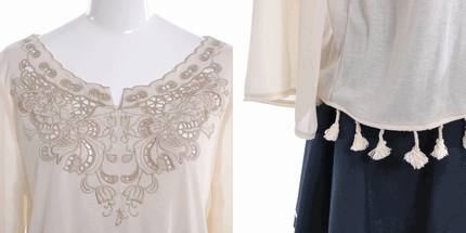 UNRELISH 通販 フリンジ付胸レースブラウス