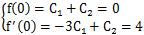 f(0)=C_1+C_2=0,f'(0)=-3C_1+C_2=4