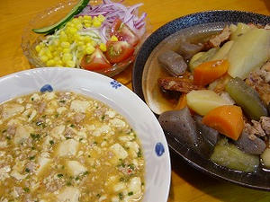 麻婆豆腐・残り物煮物・サラダ