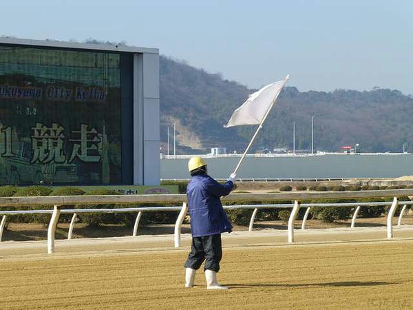 発馬前に白旗を振る係員