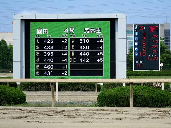 大型映像装置と着順表示板