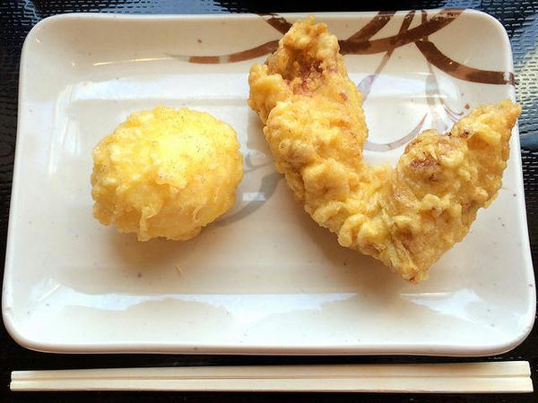半熟たまご天 110円 と かしわ天 130円