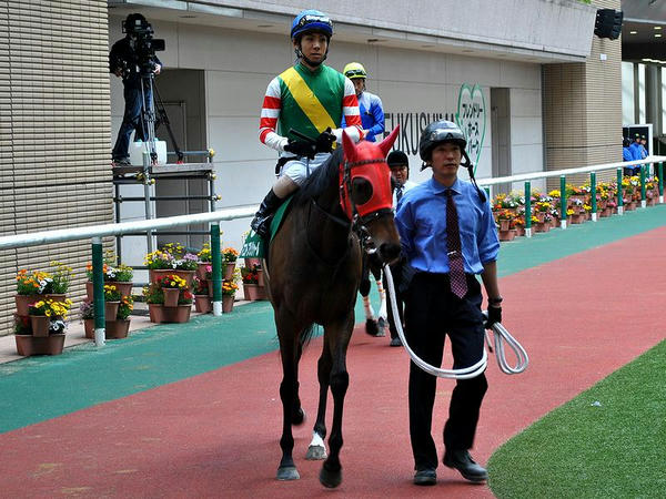 パドックを周回する北村友一騎手とマコトプリジャール号（福島牝馬ステークス優勝馬