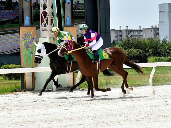 返し馬に入る宮下騎手と友森翔太郎騎手（第3レース）