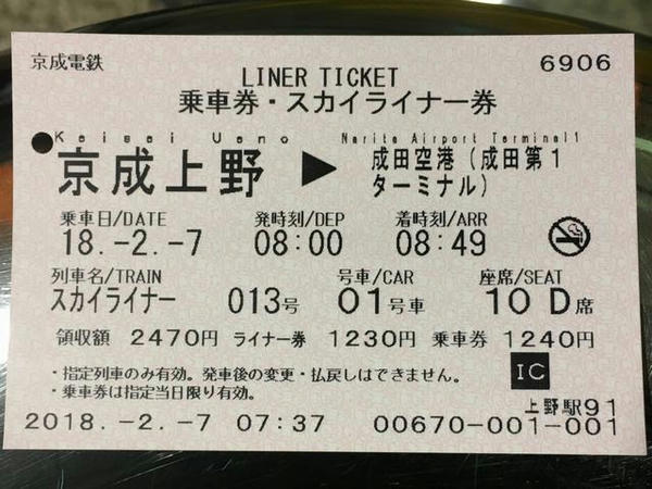 購入した乗車券・スカイライナー券
