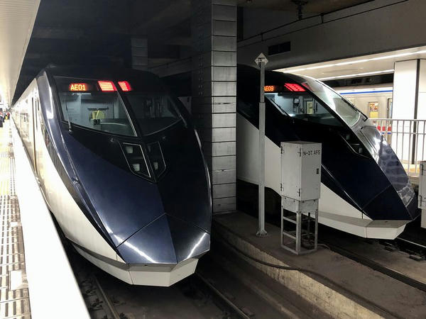 京成上野駅に停車中のスカイライナー19号（写真左側）