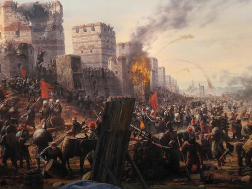 コンスタンティノポリスの城壁を攻撃するオスマン帝国軍、パノラマ1453年博物館、イスタンブル、トルコ