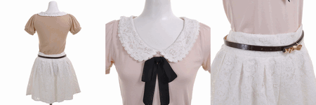 lodispotto 通販 流行 リボン付衿レース＆レーススカートアンサンブル