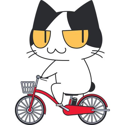「電動自転車に乗る猫」（ねこ画伯コハクちゃん）