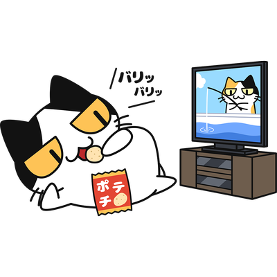 寝食べしながらテレビを見る猫（ねこ画伯コハクちゃん）