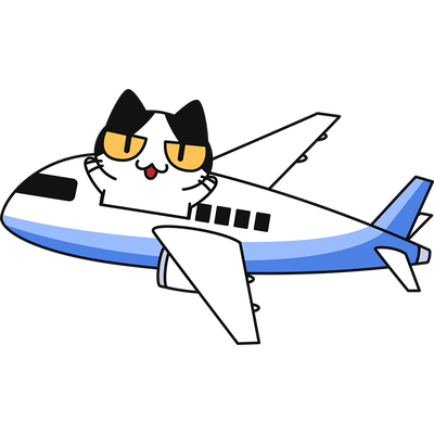 「飛行機で旅行する猫」（ねこ画伯コハクちゃん）