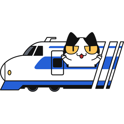 「新幹線で旅行する猫」（ねこ画伯コハクちゃん）