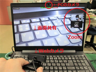 Webカメラ付きのノートPCに別のWebカメラを付けた画像