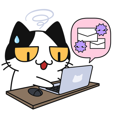 「パソコンの迷惑メールに困る猫」（ねこ画伯コハクちゃん）