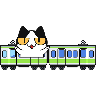 電車で旅行する猫（ねこ画伯コハクちゃん）