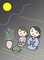 Harvest moon and dumpling offered to the moon at enjoying the moon and night of a full moon
