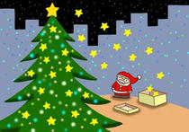Father Christmas, Christmas tree, and present at Christmas Eve at Christmas