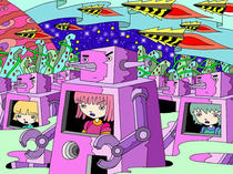 Wallpaper for PC desktop that uses original illustration 「POP illustration - The funky world &amp;quot;Robots' march&amp;quot;」