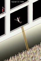 Window, Adventure person, Ladder, Crowd, Many people, Jet-black space