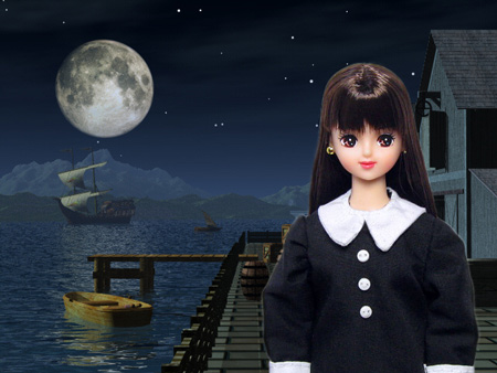 ハロウィン2015 サユリ@ウェンズデー風黒ワンピース 港町夜・帆船