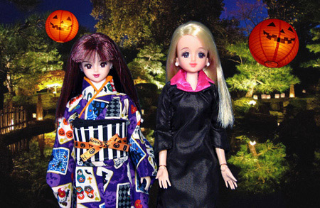 ハロウィン2017 ヴィジュアル系ミツキ@2012年度版ハロウィン柄総裏着物 昭和ジェニー@魔女服 日本庭園・夜景・ドイツ カボチャの提灯
