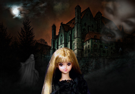 ハロウィン2019 その1 カラーリングジェニー@黒サテンゴシックドレス 城・幽霊・不気味・夜景・月光