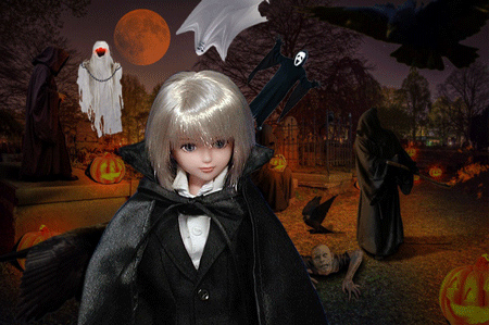 ハロウィン2019 その2 銀髪シオン@コレクターズファッションサラリーマン+コレクターズファッションウェートレス+自作マント ハロウィン・モンスター・ゾンビ・ホラー・カボチャ
