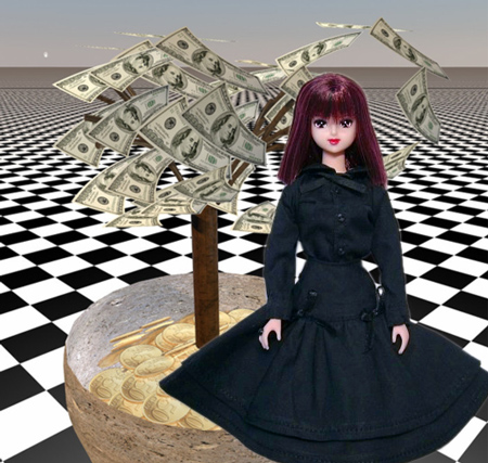 ハロウィン2019 その2 シスターB@LF BASIC フラットカラーブラウス(黒)+二重フレアースカート(黒) LFベーシック お金・コイン・金貨・木・チェス模様の床