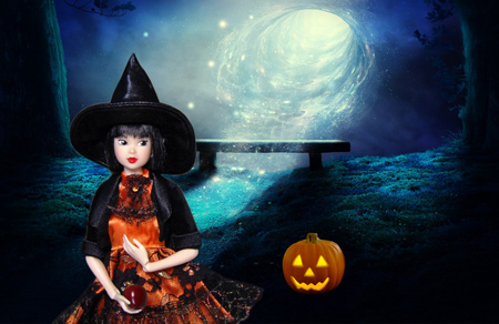 ハロウィン2019 その2 しらゆきmomoko@絵縫工房オレンジワンピース+ミラクルデフォ服+プティルウTB Halloween Party ウィッチ帽子 リンゴ カボチャ 宇宙・ベンチ・ワームホール・銀河・夜景