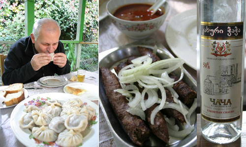 グルジア。シルクロードの定番、串焼き肉シャシャリク、水餃子ヒンカリ、モンゴルと食べ方は同じだった。葡萄の皮で作ったウオッカ、チャチャ