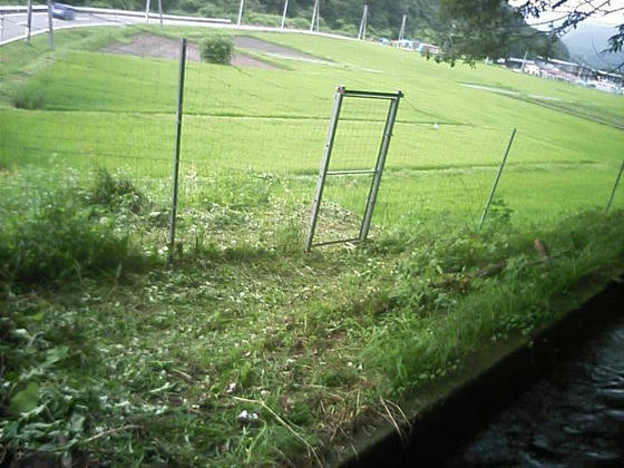 13:57 急坂を下ったらここへ出ました。鹿の柵に囲まれています。雨が降っていたので樹林帯を歩いた方が良いと判断し登り返しました