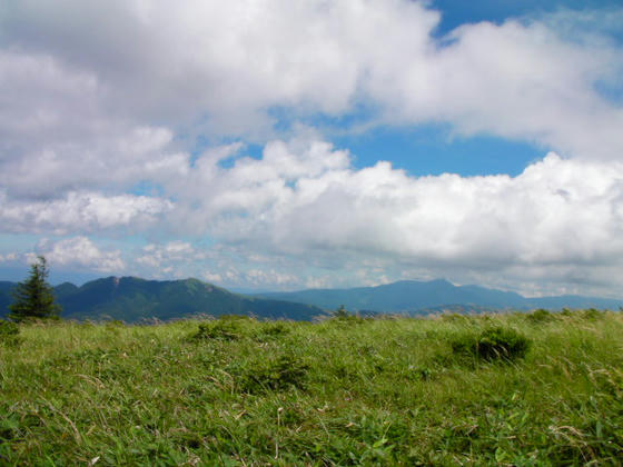 山頂では見えなかった三峰山(左)と蓼科山(右)方向