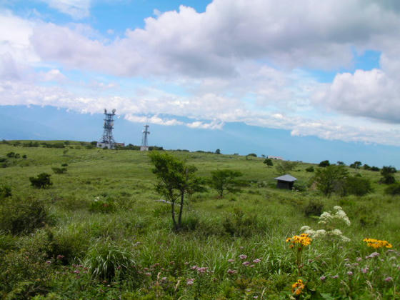 台地状の山です。アンテナが2基ありました。アンテナの後ろが槍穂です