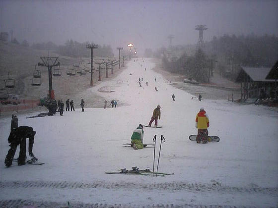 13：24　本気で雪が降って来て霧も出てきたのでナイター照明が点灯しました