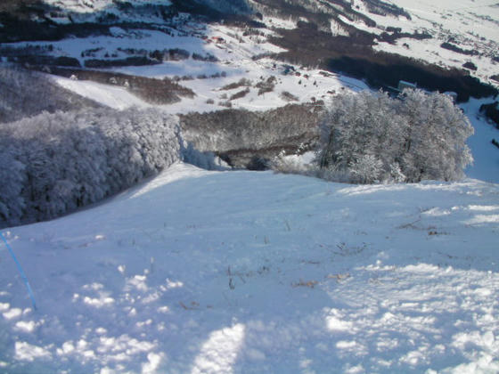 10：32　ここから滑り出します。風が強くて雪が付かないのかブッシュが多数…