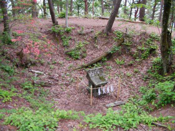 608　火口を模した穴の中に祠が祭られていました。御柱は新しい物でした