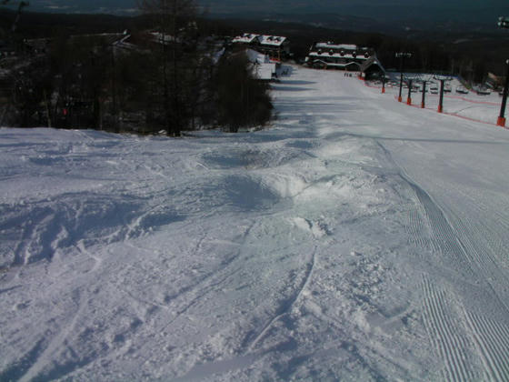 905　トリプル降り場の下辺りの左側にラインコブがありました。人工雪と自然雪の境に掘ってあるので右は良いのですが、左は土が出ていました