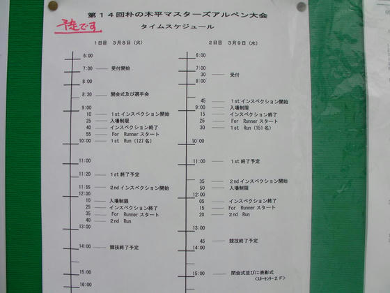 1155　タイムテーブル。今日１２７人、明日１５１人。この右側に１本目のタイムと２本目のスタートリストがありました