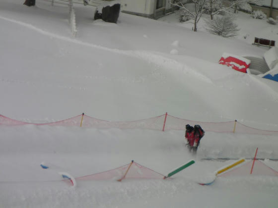 924　キッズウェイの除雪にはエンジン付きの肥料散布機で「吹き飛ばして」いました。3月下旬も近いのにドライパウダーです！この散布機は便利で、私も屋根のペンキ塗り前のブロワーに使ったり、落葉を集めるのに使ったりで、重宝しています