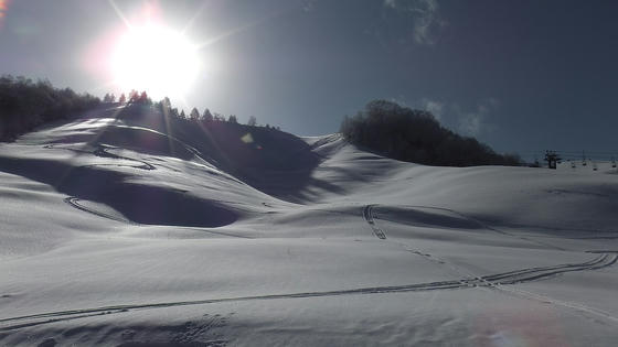 1053　まだ滑れないキャニオンコースにはパトのスキーカットによるものと思われる表層雪崩が･･･