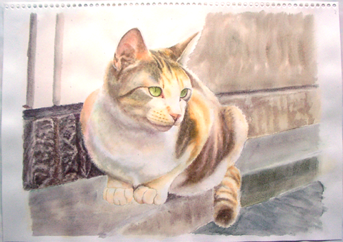 青い空さくら猫(キャンバス&アクリル絵の具)
