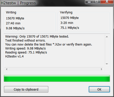 MicroSDカード ADATA 16GB(AUSDH16GUICL10-RA1)  H2testwカードチェック結果