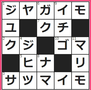 フルーツメール＆ゲットマネー　クロスワード答え8/11　(1)ポテト (2)宝――　――引き