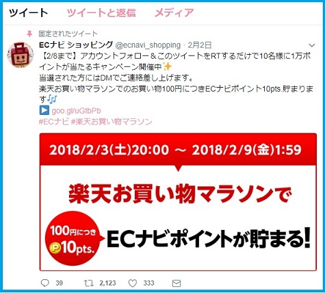 ECナビ　Twitterアカウントをフォロー＆リツイートで1万ポイントが当たる！！