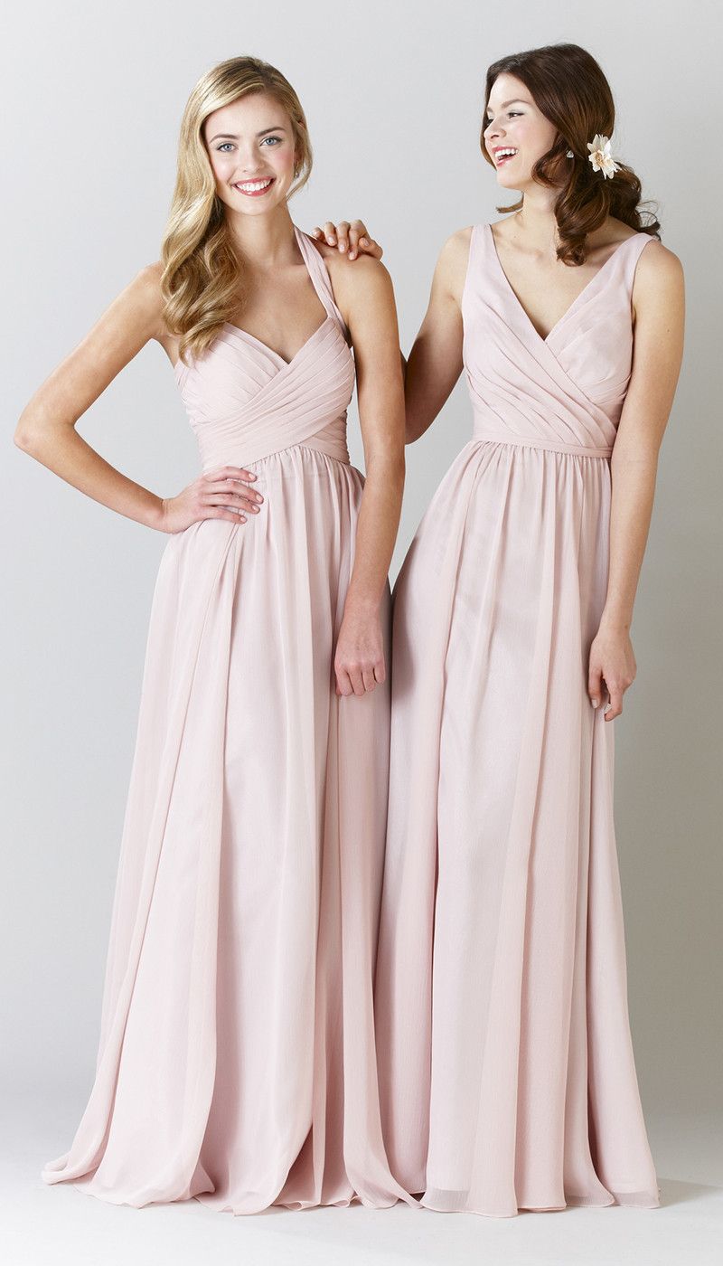 Robe de soirée rose pale longue pour mariage en mousseline