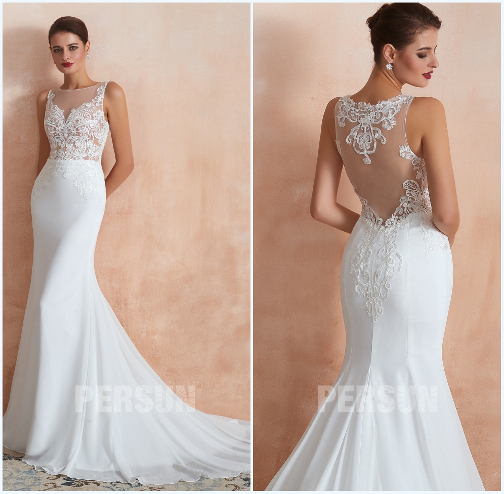 robe de mariée sirène bustier transparent appliqué de guipure pour mariage sur plage