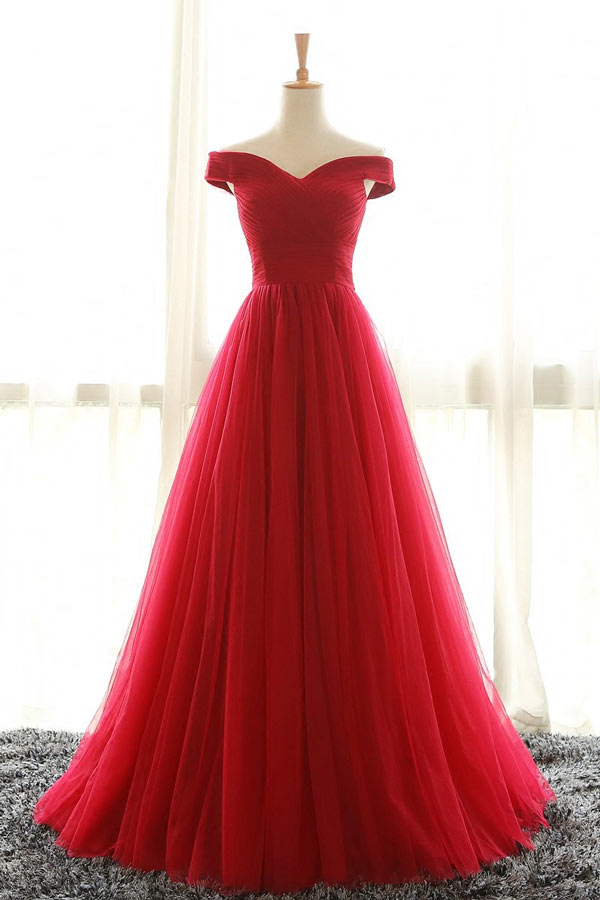 Robe mariée rouge princess épaules dénudées en tulle