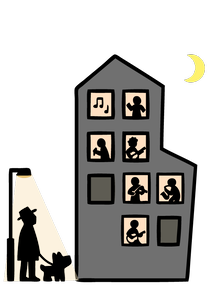 この絵は番頭さんの変な形の団地と私の犬を連れたエクソシストのイメージを協力させて最後は私があくせくとイラレで仕上げることになった。