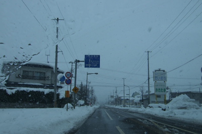 道に雪はありませんが雪は降ってます。