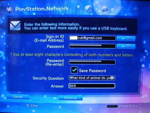 PSNアカウント　メール・passの入力